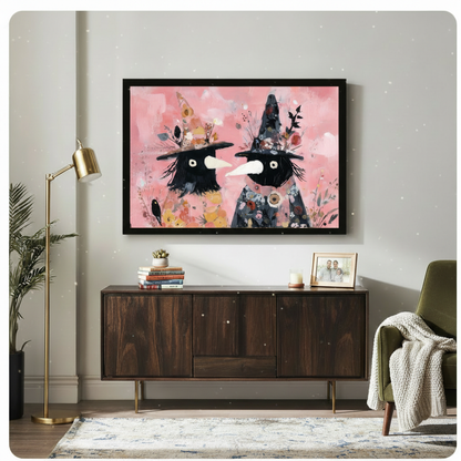 Floral Witch Birds Whimsical Pink Canvas Wall Art