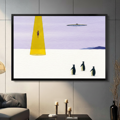 UFO Abduction Penguin Surreal Canvas Wall Art