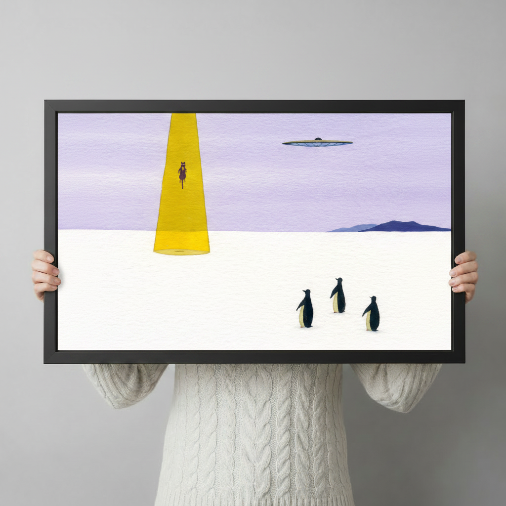 UFO Abduction Penguin Surreal Canvas Wall Art