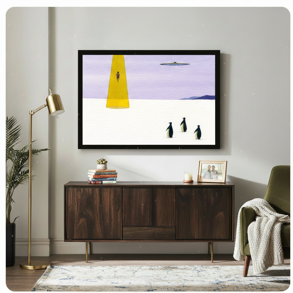 UFO Abduction Penguin Surreal Canvas Wall Art