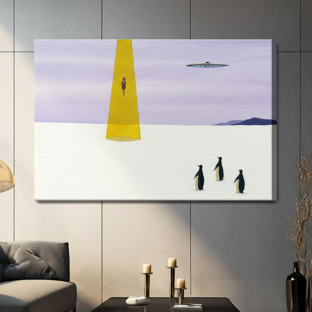 UFO Abduction Penguin Surreal Canvas Wall Art