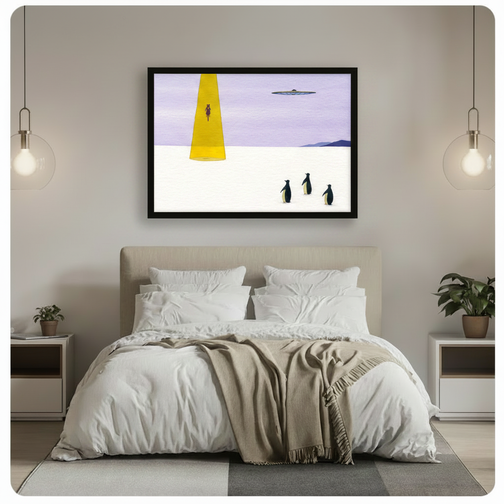 UFO Abduction Penguin Surreal Canvas Wall Art