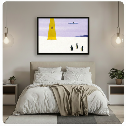 UFO Abduction Penguin Surreal Canvas Wall Art