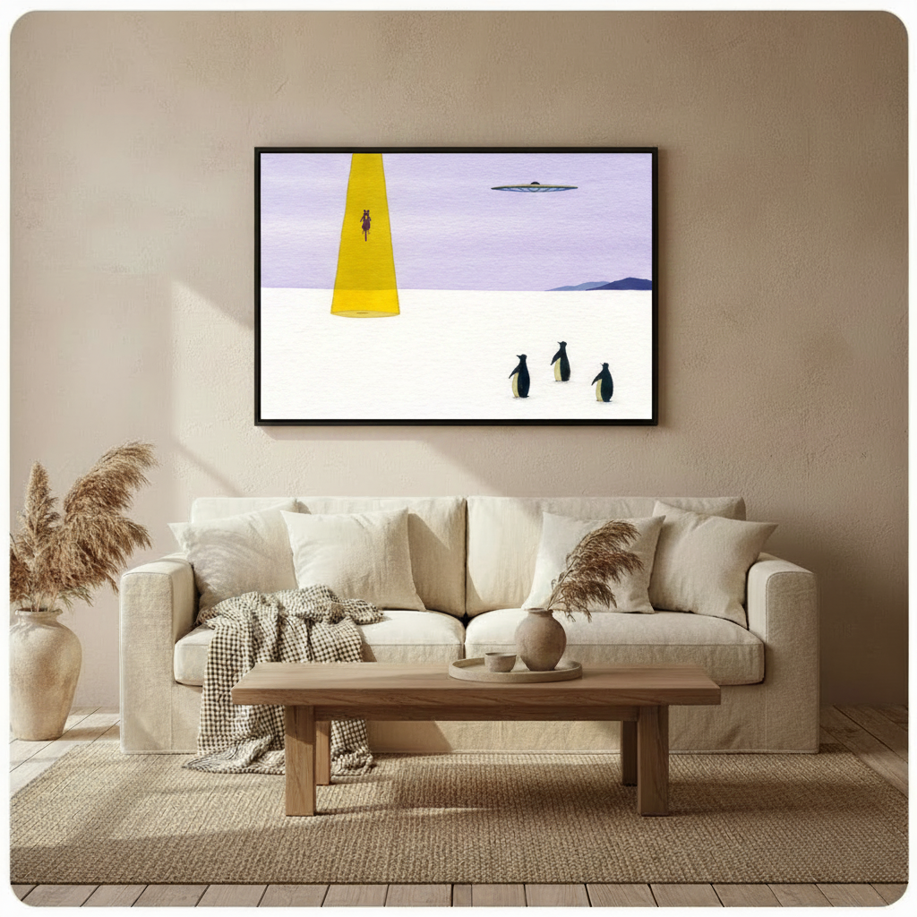 UFO Abduction Penguin Surreal Canvas Wall Art