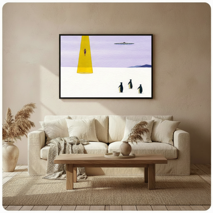 UFO Abduction Penguin Surreal Canvas Wall Art