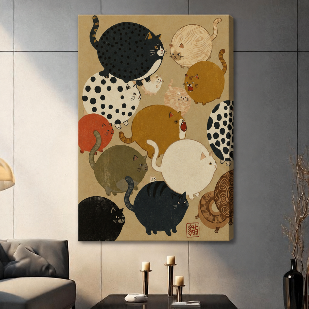 Japanese Ukiyo-e Chubby Cats Framed Canvas Art
