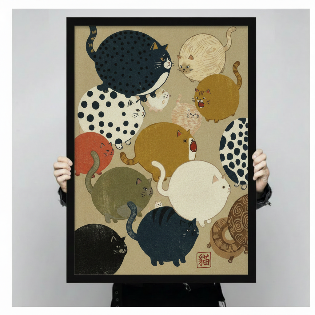 Japanese Ukiyo-e Chubby Cats Framed Canvas Art