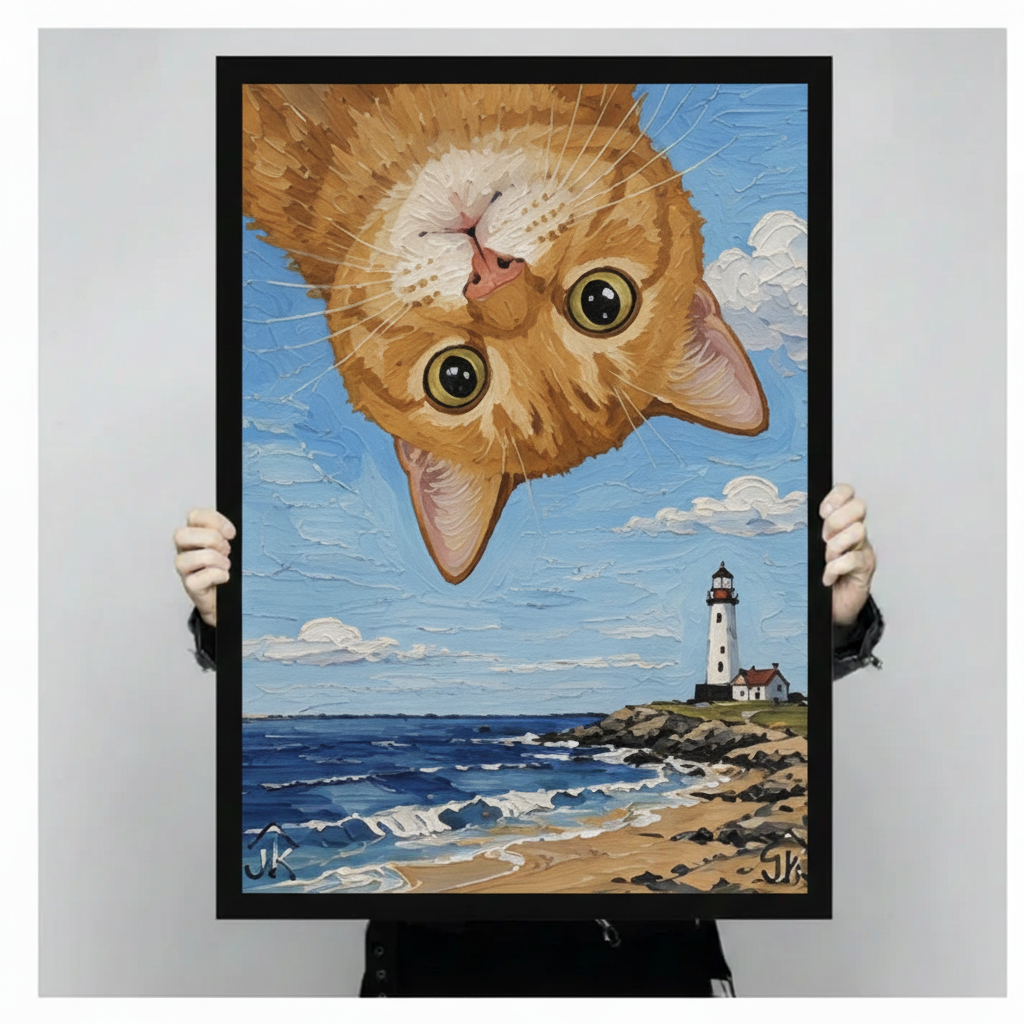 Upside Down Cat Lighthouse Coastal Canvas Art