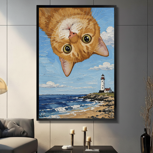 Upside Down Cat Lighthouse Coastal Canvas Art