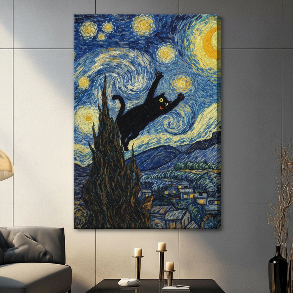 Starry Night Black Cat Van Gogh Canvas Art Wall Art