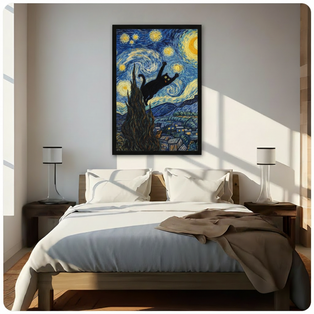 Starry Night Black Cat Van Gogh Canvas Art Wall Art