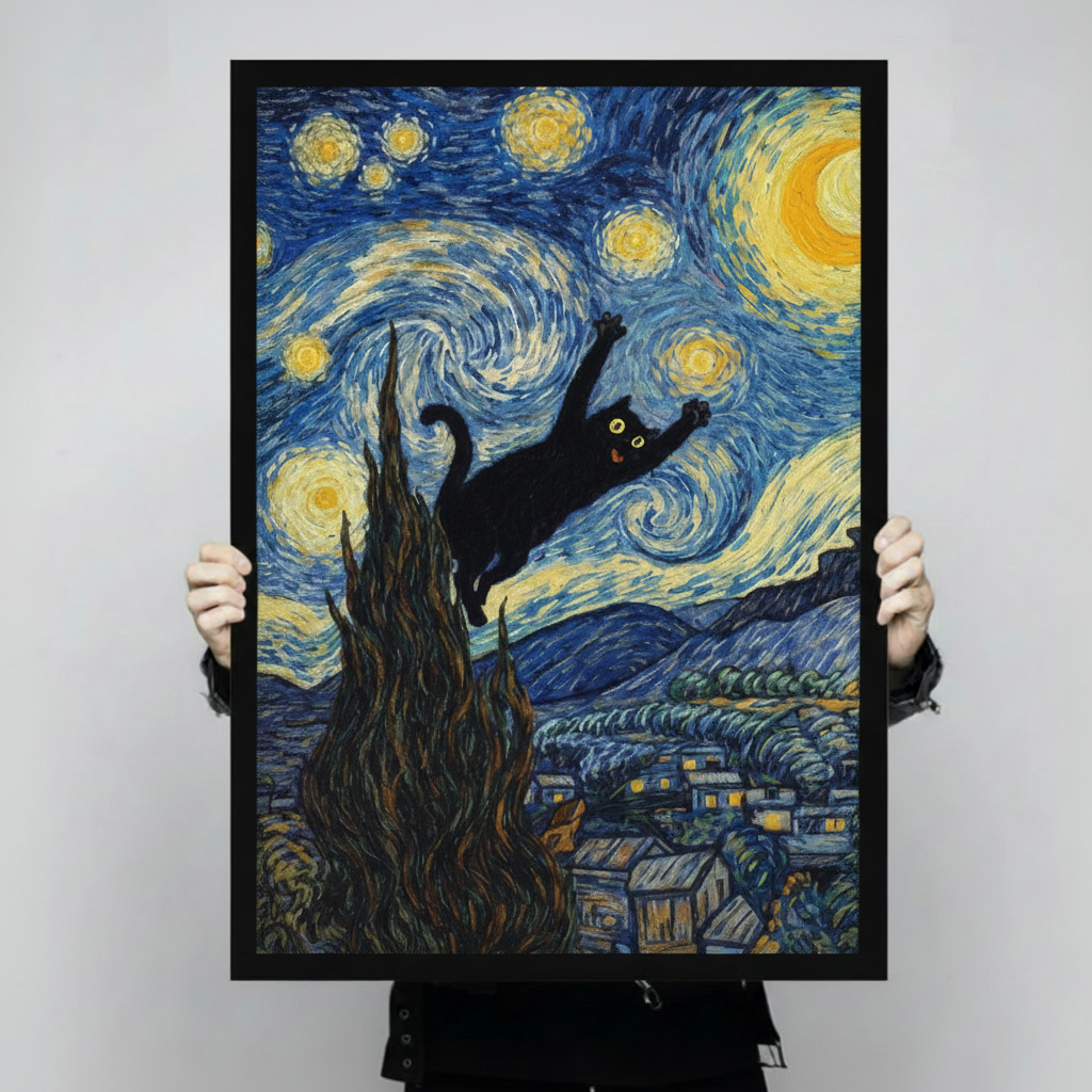 Starry Night Black Cat Van Gogh Canvas Art Wall Art