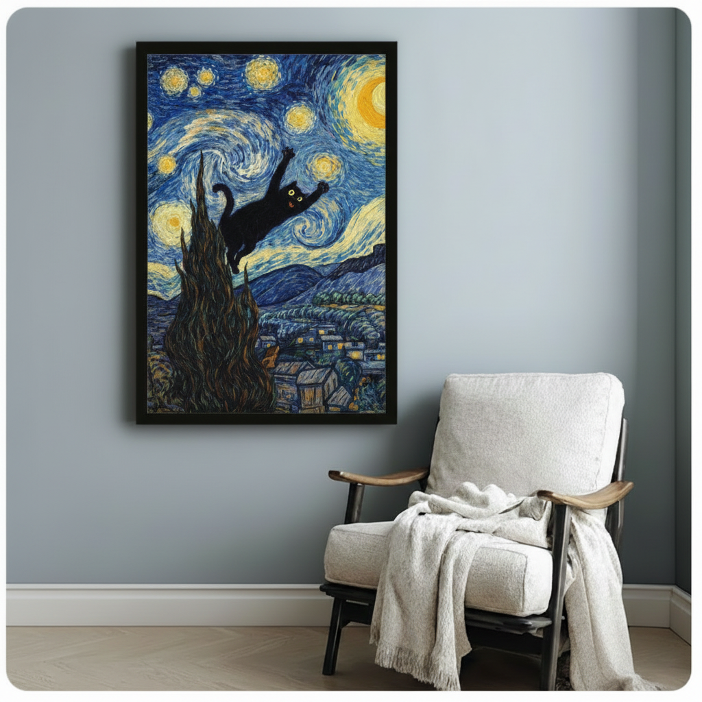 Starry Night Black Cat Van Gogh Canvas Art Wall Art