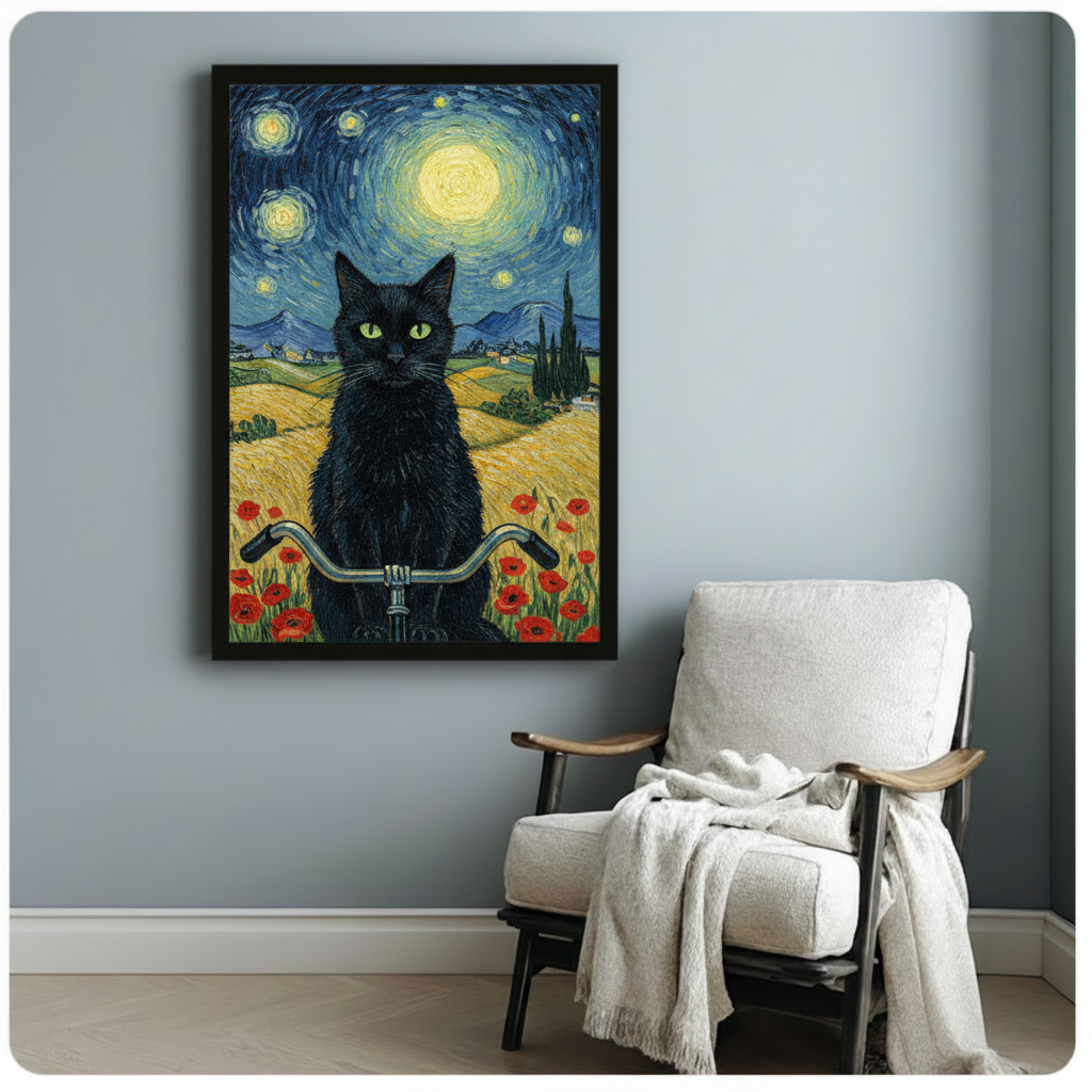 Van Gogh Starry Night Black Cat Canvas Art Wall Art
