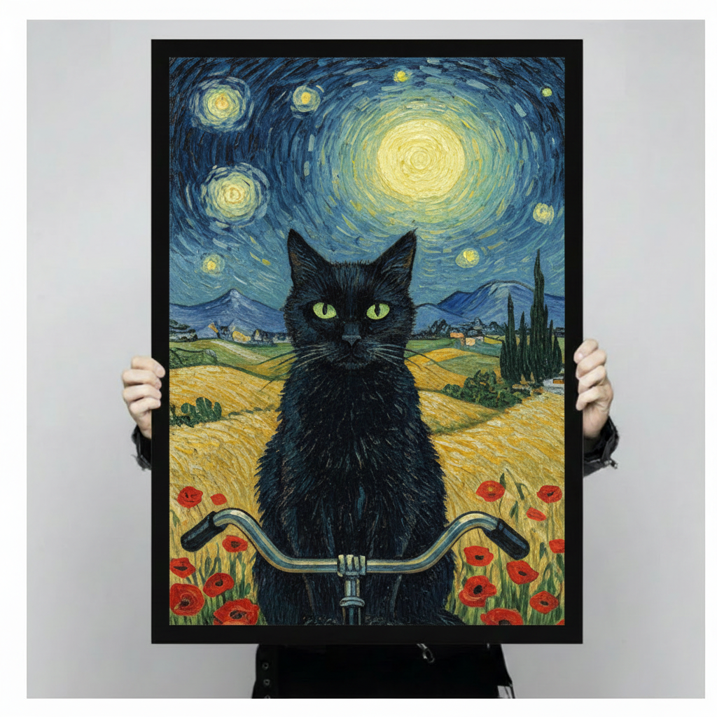Van Gogh Starry Night Black Cat Canvas Art Wall Art