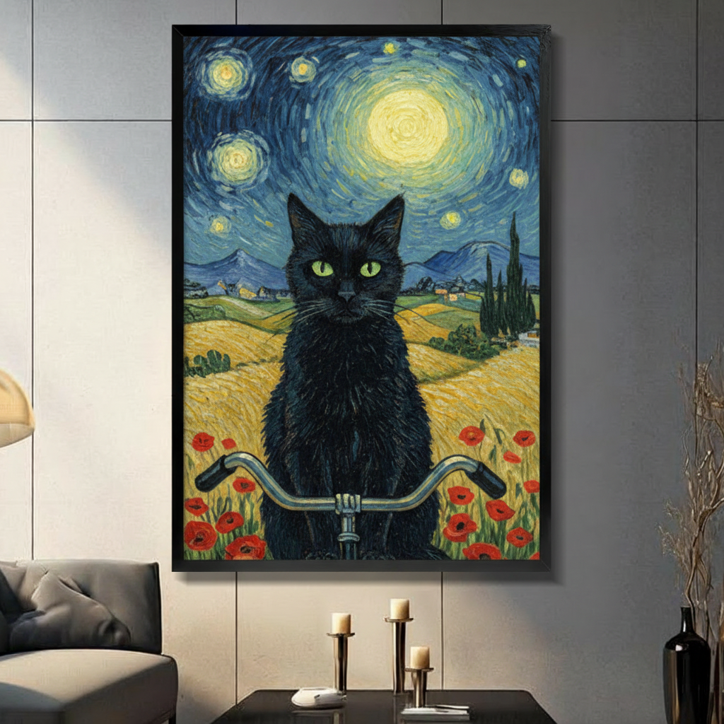 Van Gogh Starry Night Black Cat Canvas Art Wall Art