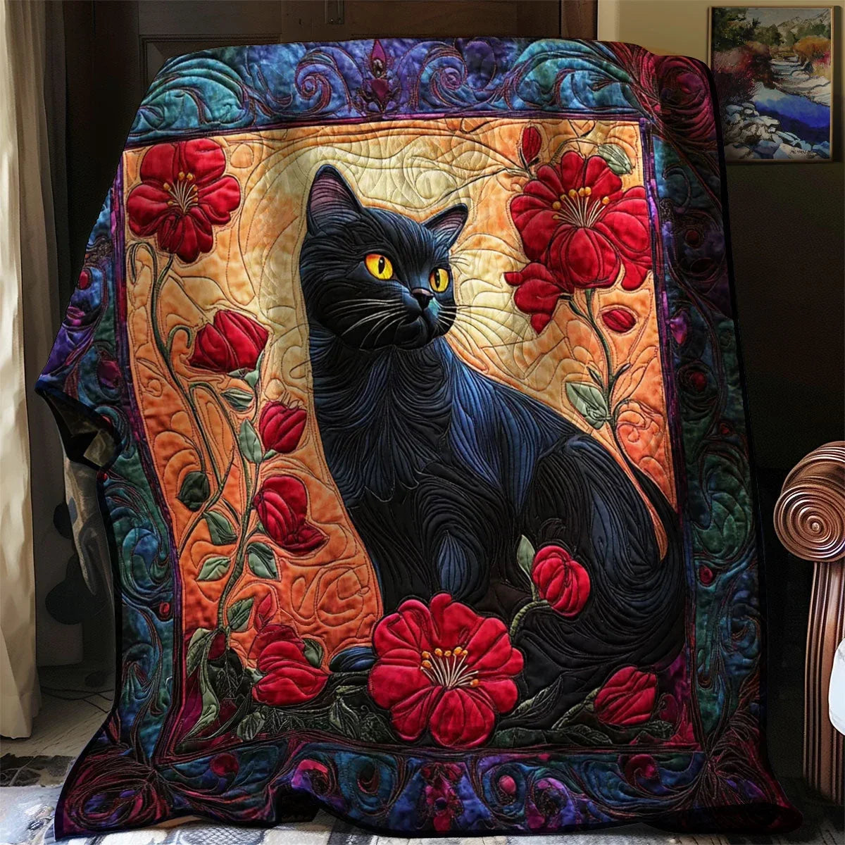Velvet Shadows Cat Quilt Blanket