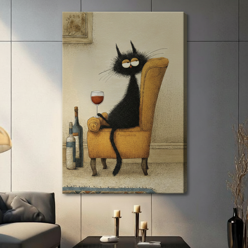 Tipsy Black Cat Wine Armchair Vintage Canvas Art