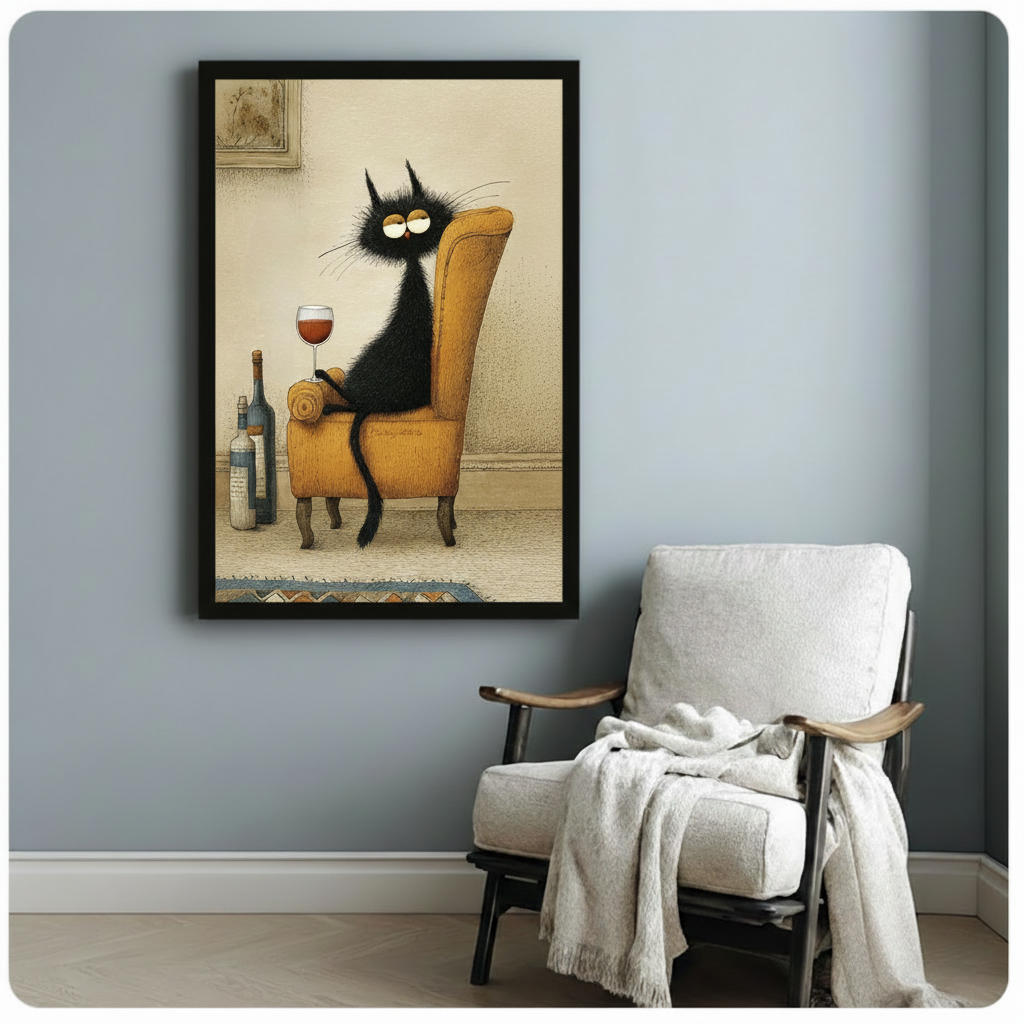 Tipsy Black Cat Wine Armchair Vintage Canvas Art