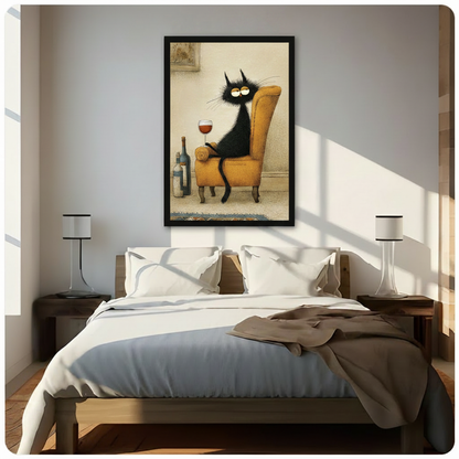 Tipsy Black Cat Wine Armchair Vintage Canvas Art