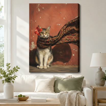 Bohemian Cat Portrait Vintage Canvas Wall Art