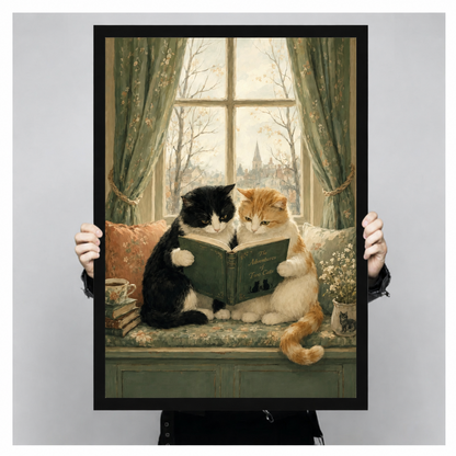 Vintage Cats Reading Book Canvas Wall Art