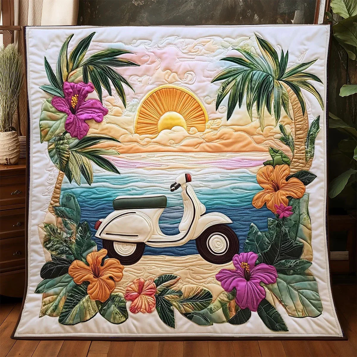 Vintage Coastal Scooter Quilt Blanket