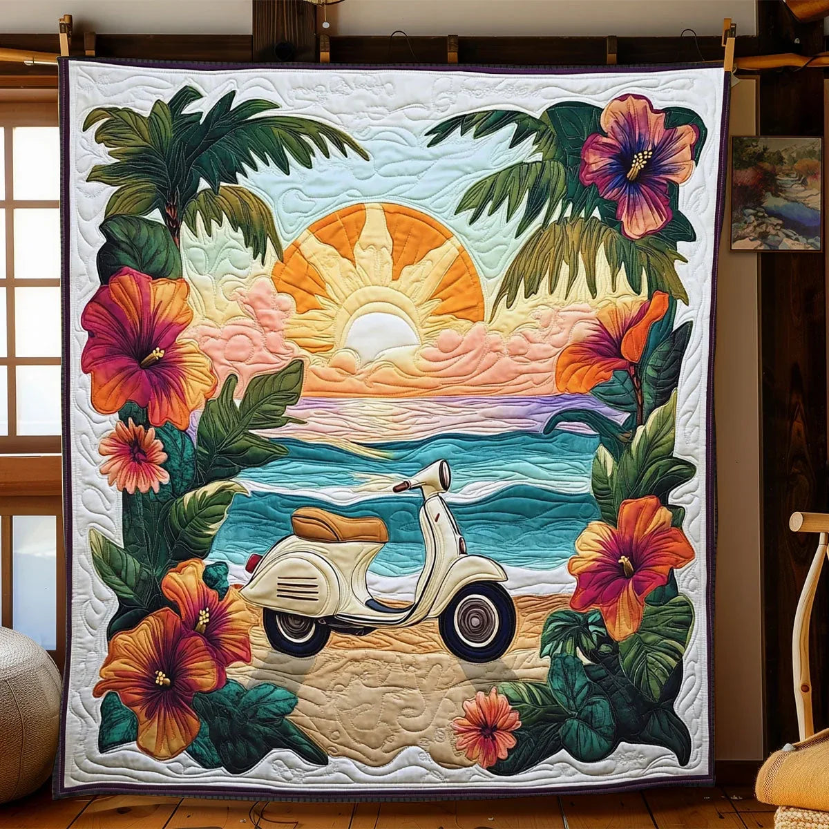 Vintage Coastal Scooter Quilt Blanket