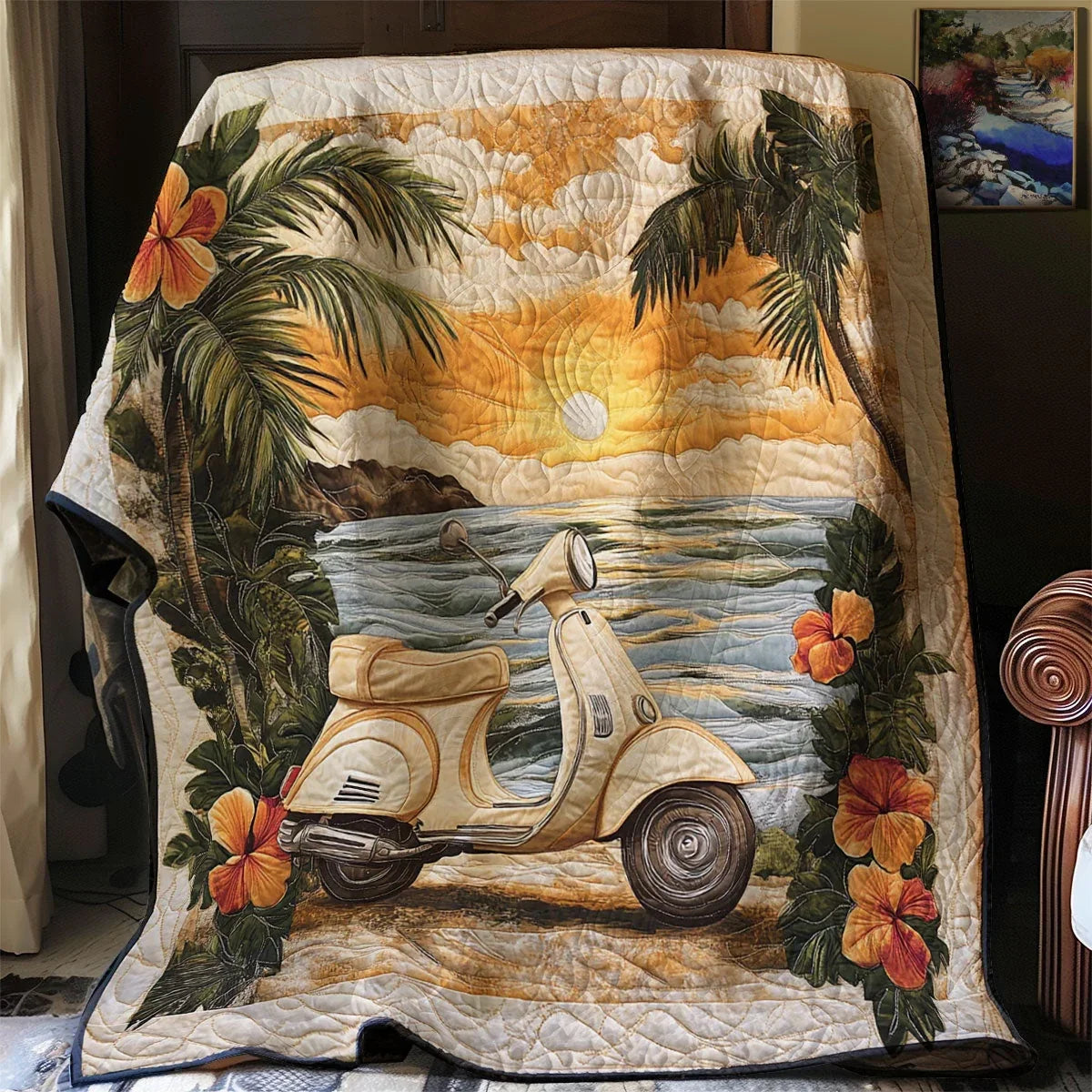 Vintage Coastal Scooter Quilt Blanket