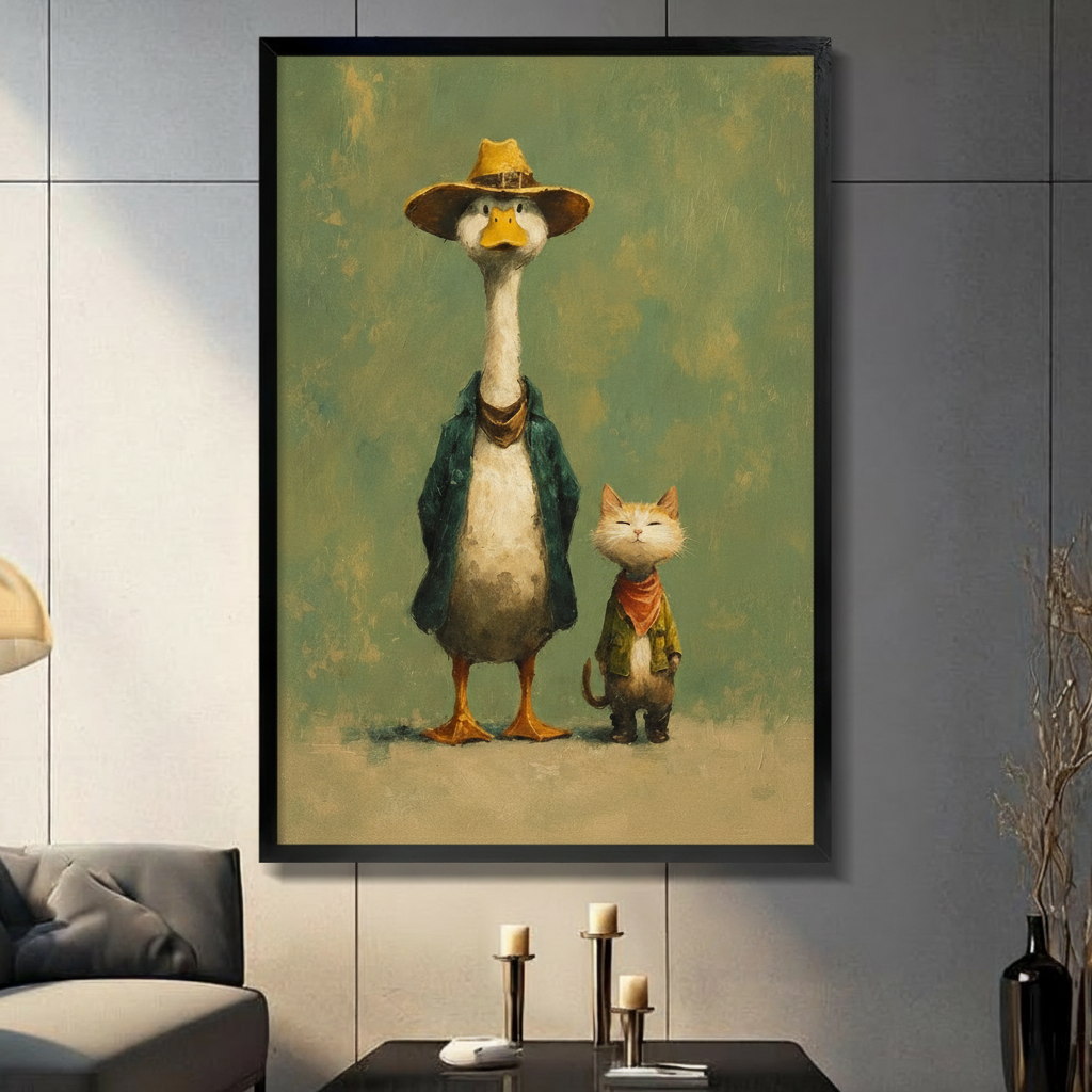 Vintage Duck & Cat Duo Oil Painting Canvas Wall Art