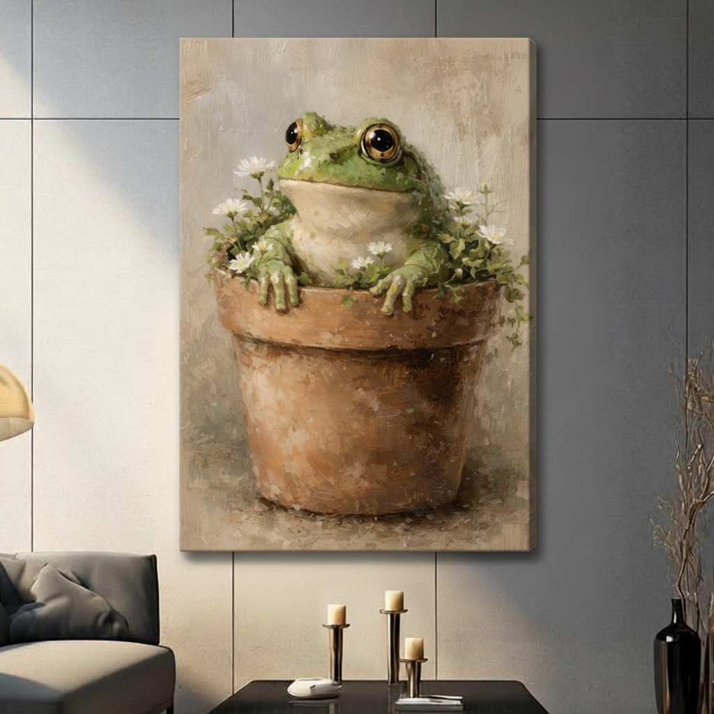 Frog in Flower Pot Vintage Oil Painting Canvas Art