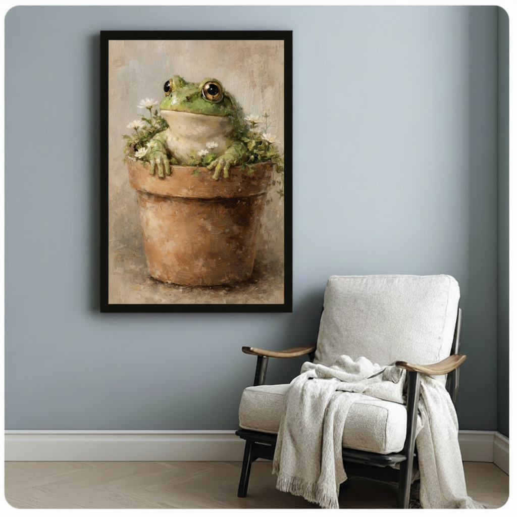 Frog in Flower Pot Vintage Oil Painting Canvas Art