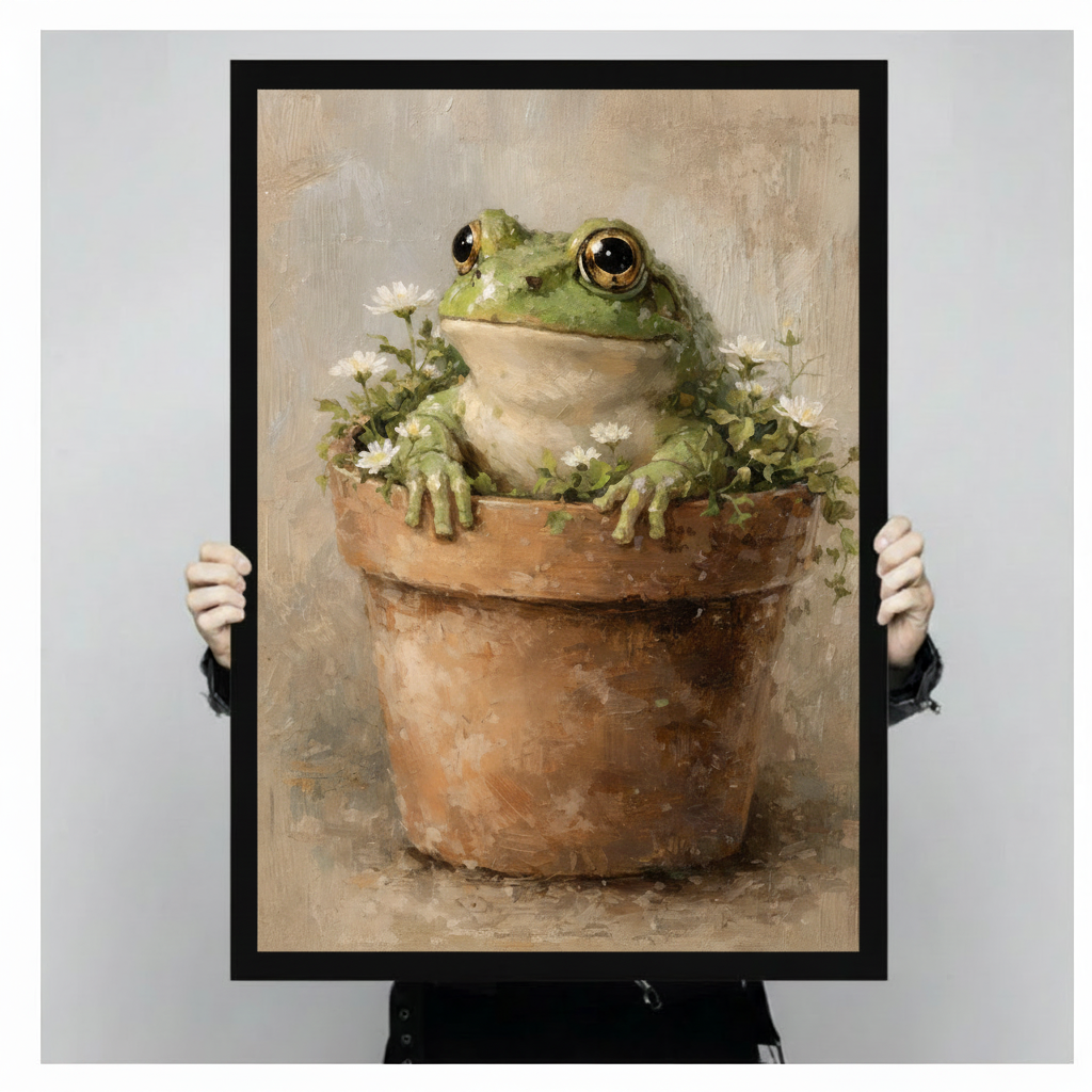 Frog in Flower Pot Vintage Oil Painting Canvas Art