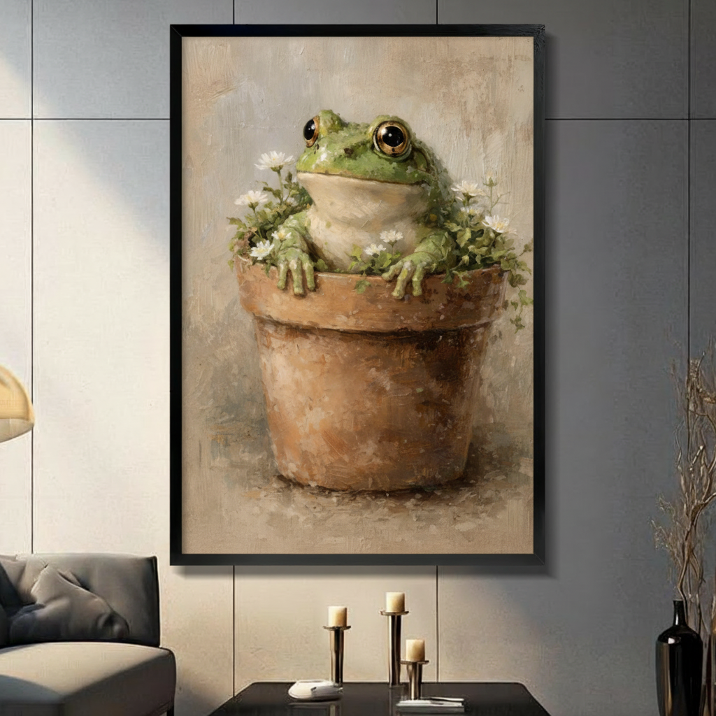 Frog in Flower Pot Vintage Oil Painting Canvas Art