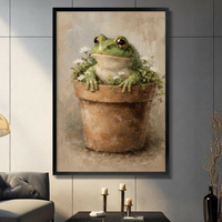Frog in Flower Pot Vintage Oil Painting Canvas Art