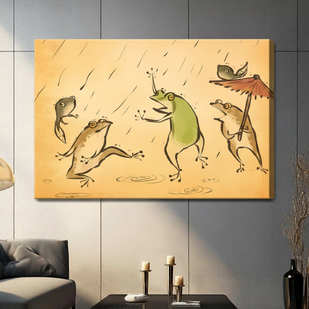 Rainy Day Frogs Vintage Illustration Canvas Art