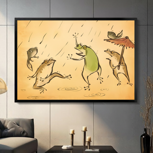 Rainy Day Frogs Vintage Illustration Canvas Art