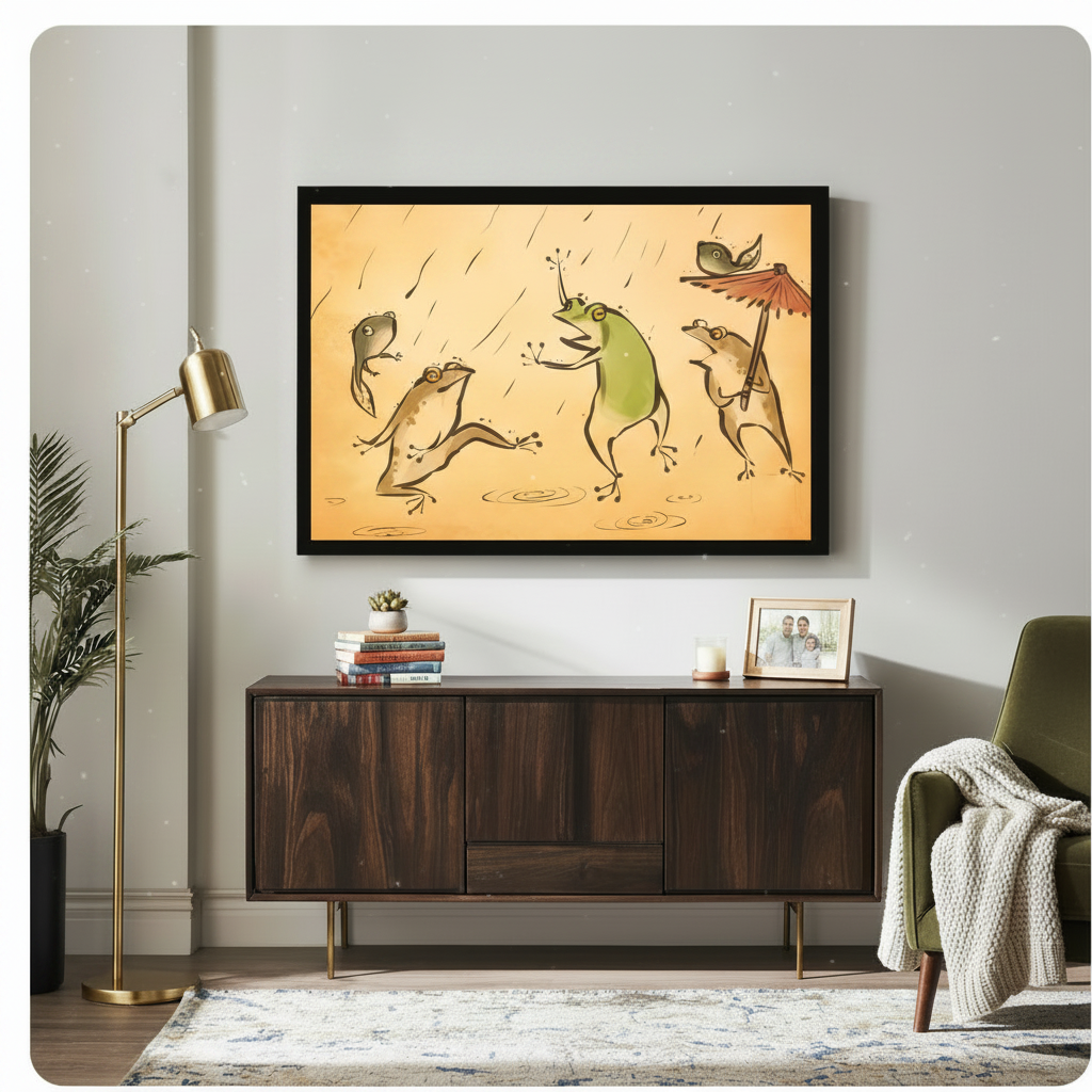 Rainy Day Frogs Vintage Illustration Canvas Art