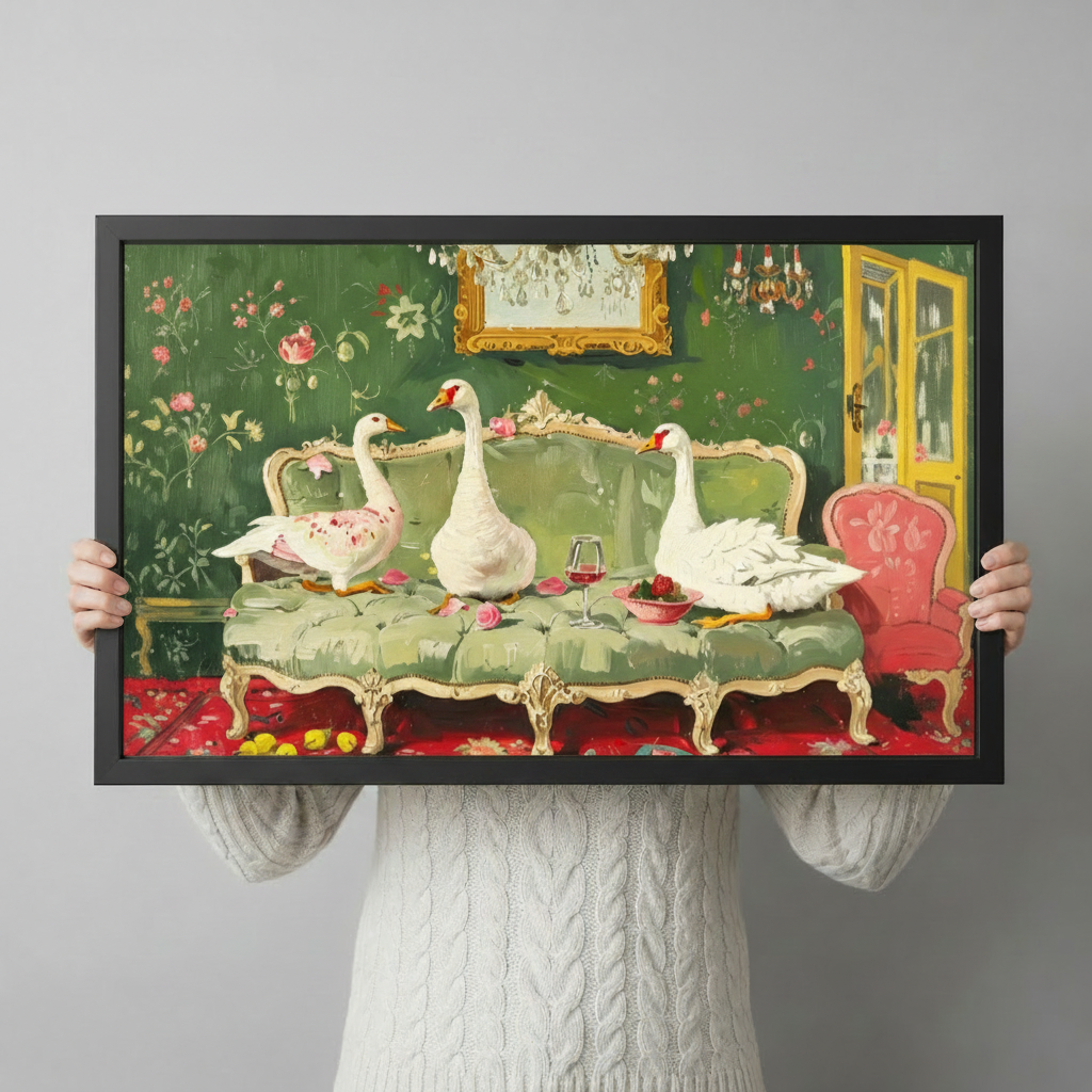 Geese on Sofa Maximalist Floral Canvas Art Wall Art