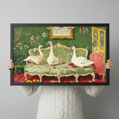 Geese on Sofa Maximalist Floral Canvas Art Wall Art