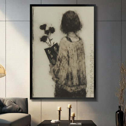 Vintage Woman Dark Roses Moody Canvas Wall Art