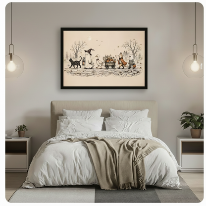 Charming Halloween Parade Sepia Canvas Wall Art