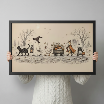 Charming Halloween Parade Sepia Canvas Wall Art