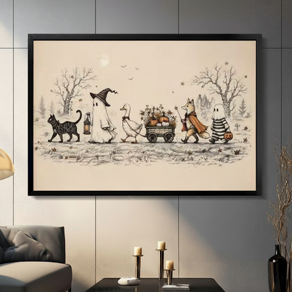 Charming Halloween Parade Sepia Canvas Wall Art