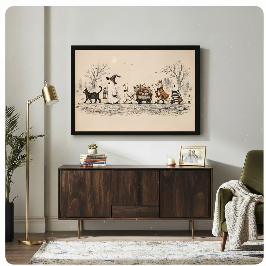 Charming Halloween Parade Sepia Canvas Wall Art