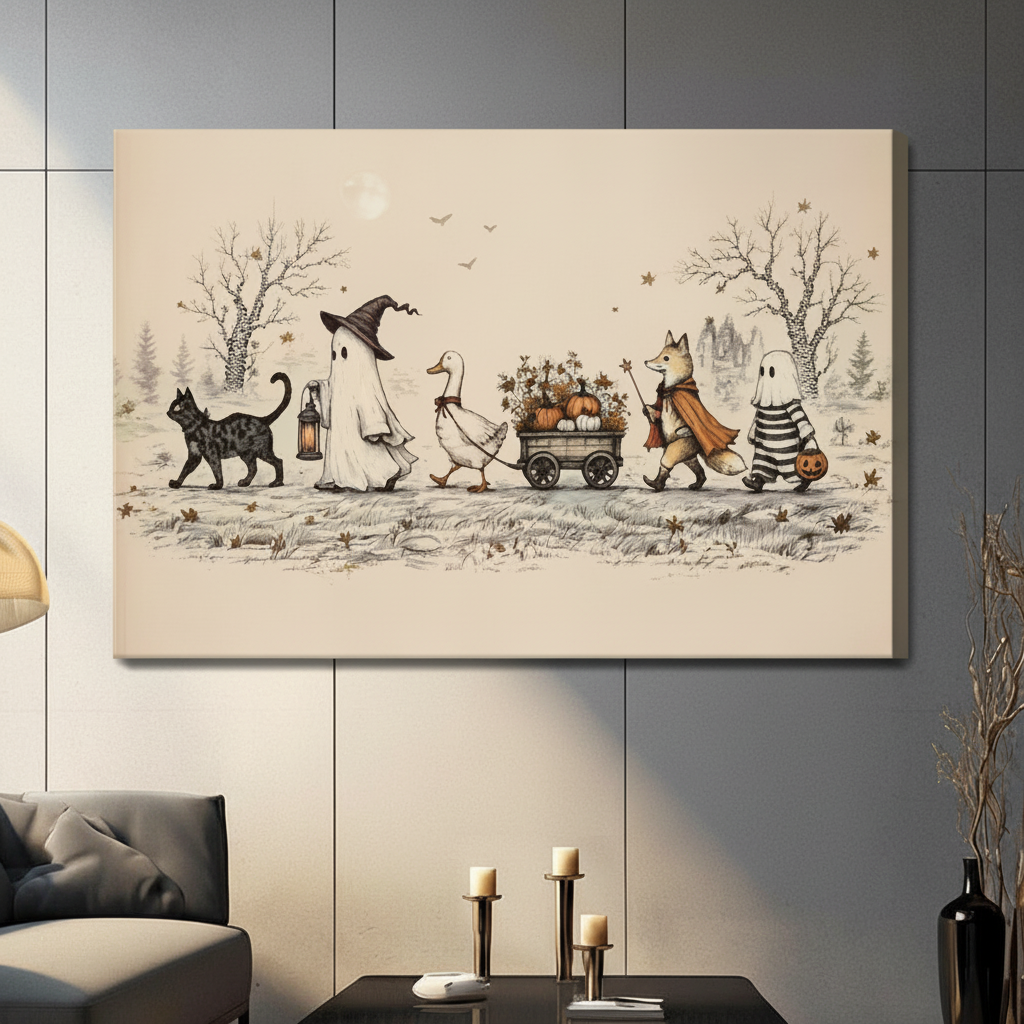 Charming Halloween Parade Sepia Canvas Wall Art