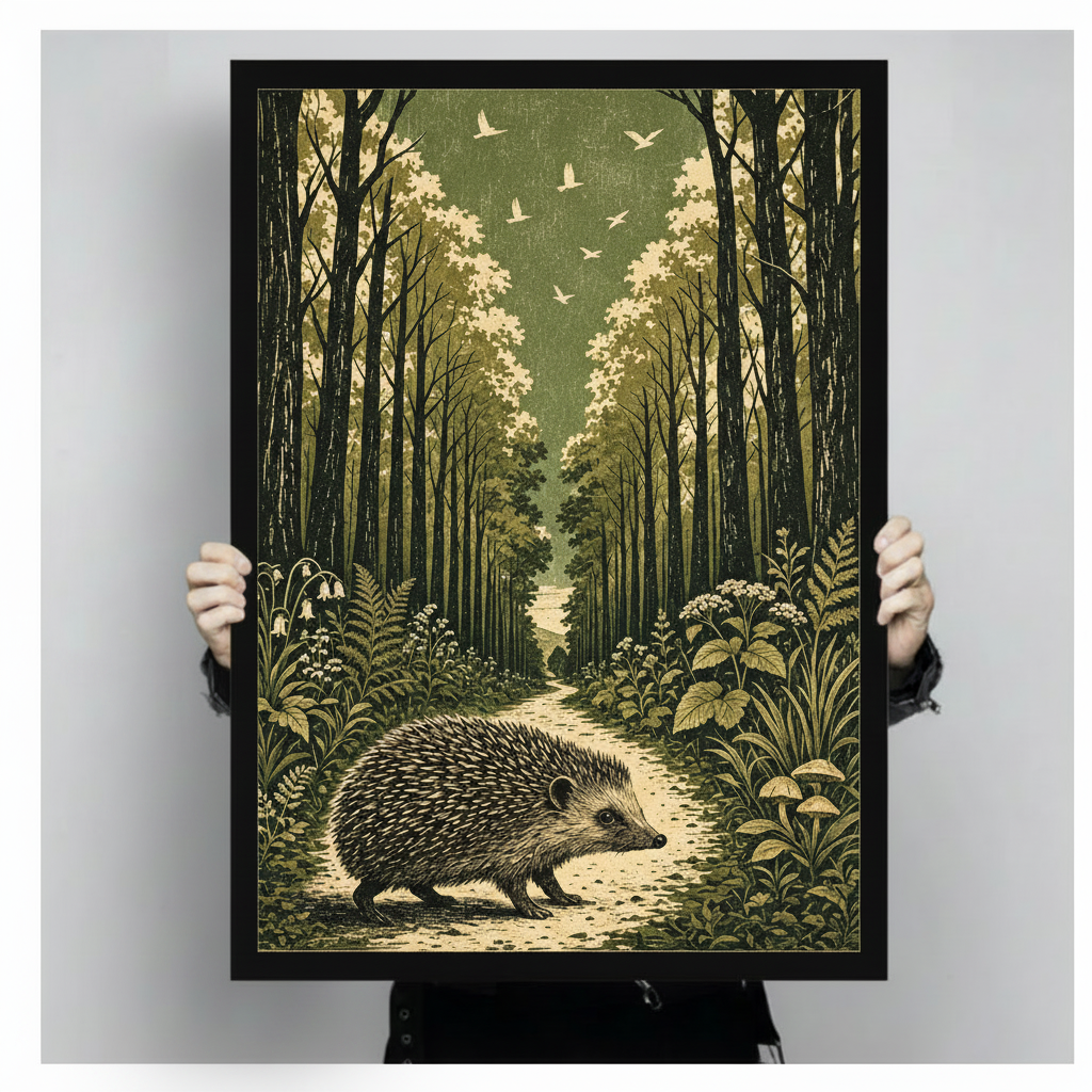 Hedgehog Forest Path Vintage Botanical Canvas Art