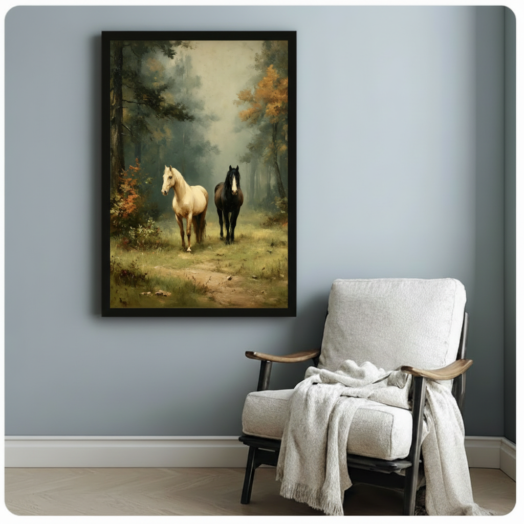 Two Horses Forest Oil Painting Canvas Art Wall Art