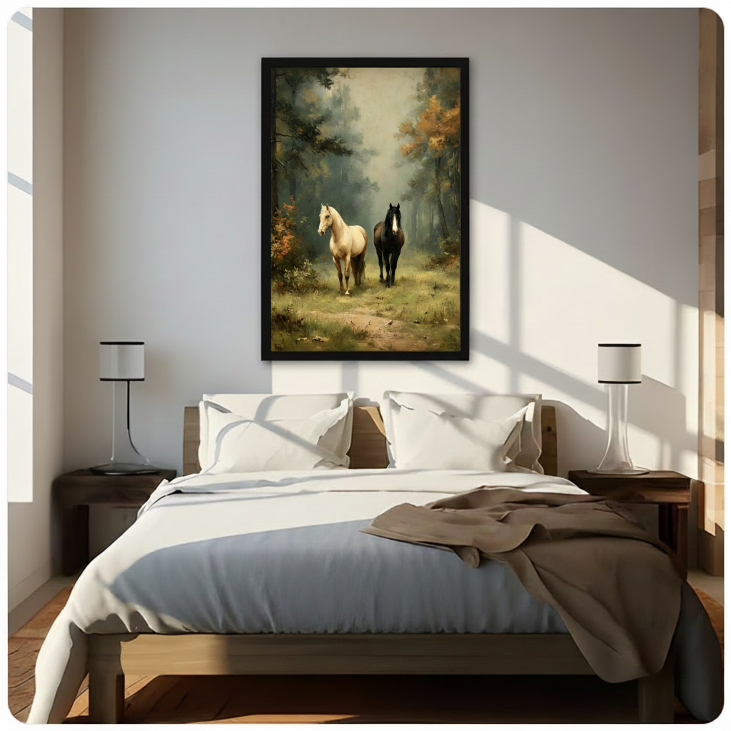 Two Horses Forest Oil Painting Canvas Art Wall Art