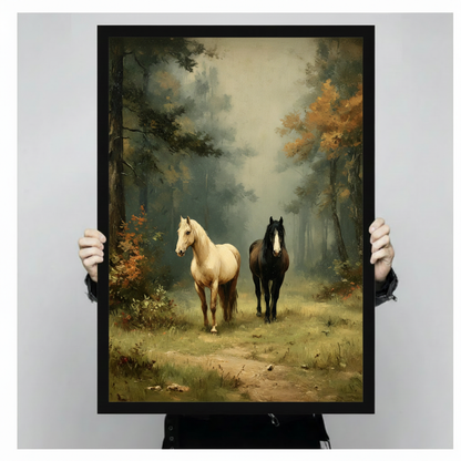 Two Horses Forest Oil Painting Canvas Art Wall Art